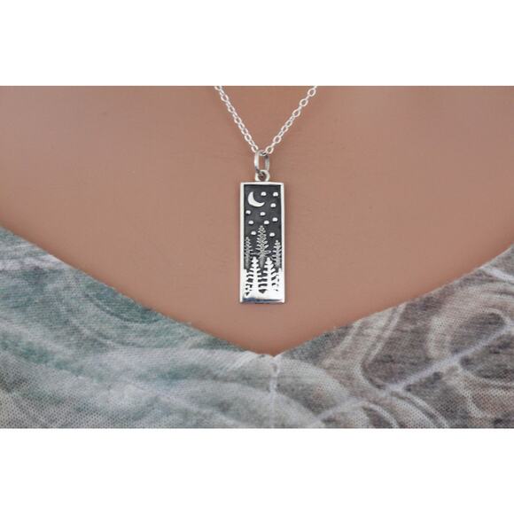 Sterling Silver Rectangle Pine Tree Charm with Moon Necklace - Picture 1 of 5